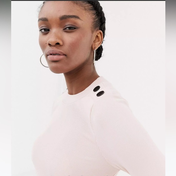 New Look button shoulder mini rib long sleeve top in light pink Size US 0 💗 - Picture 3 of 4